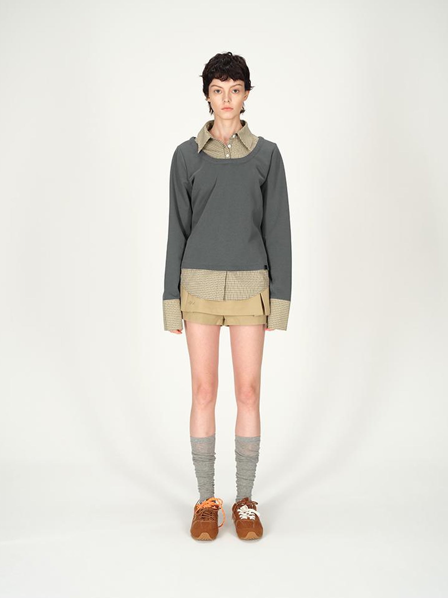 AFTADAWN Plaid Paneled Oversized Polo Shirt