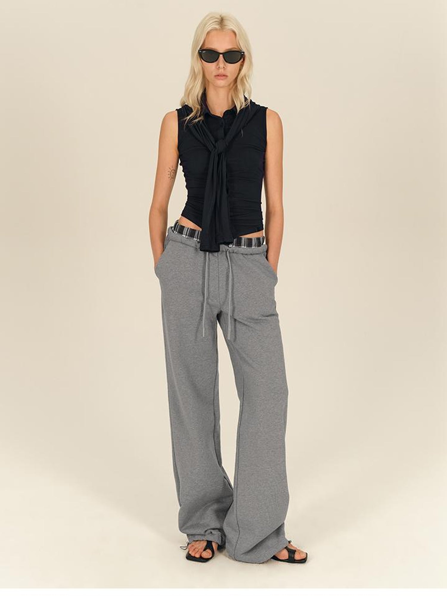AFTADAWN Plaid Patchwork Dual Waistband Drawstring Cotton Cargo Pants