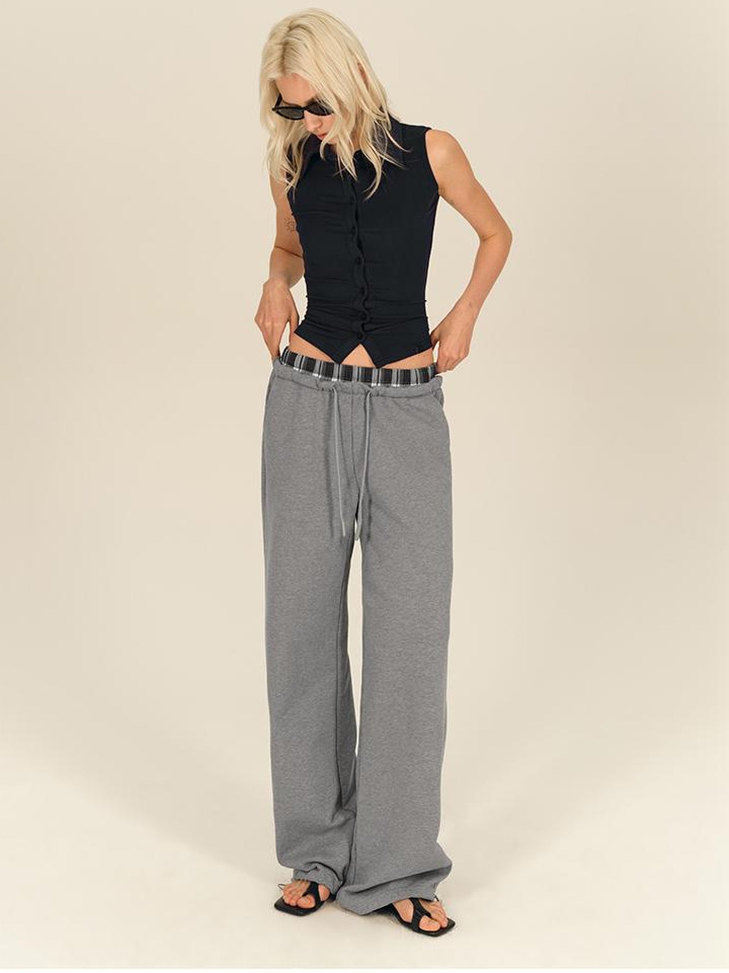 AFTADAWN Plaid Patchwork Dual Waistband Drawstring Cotton Cargo Pants