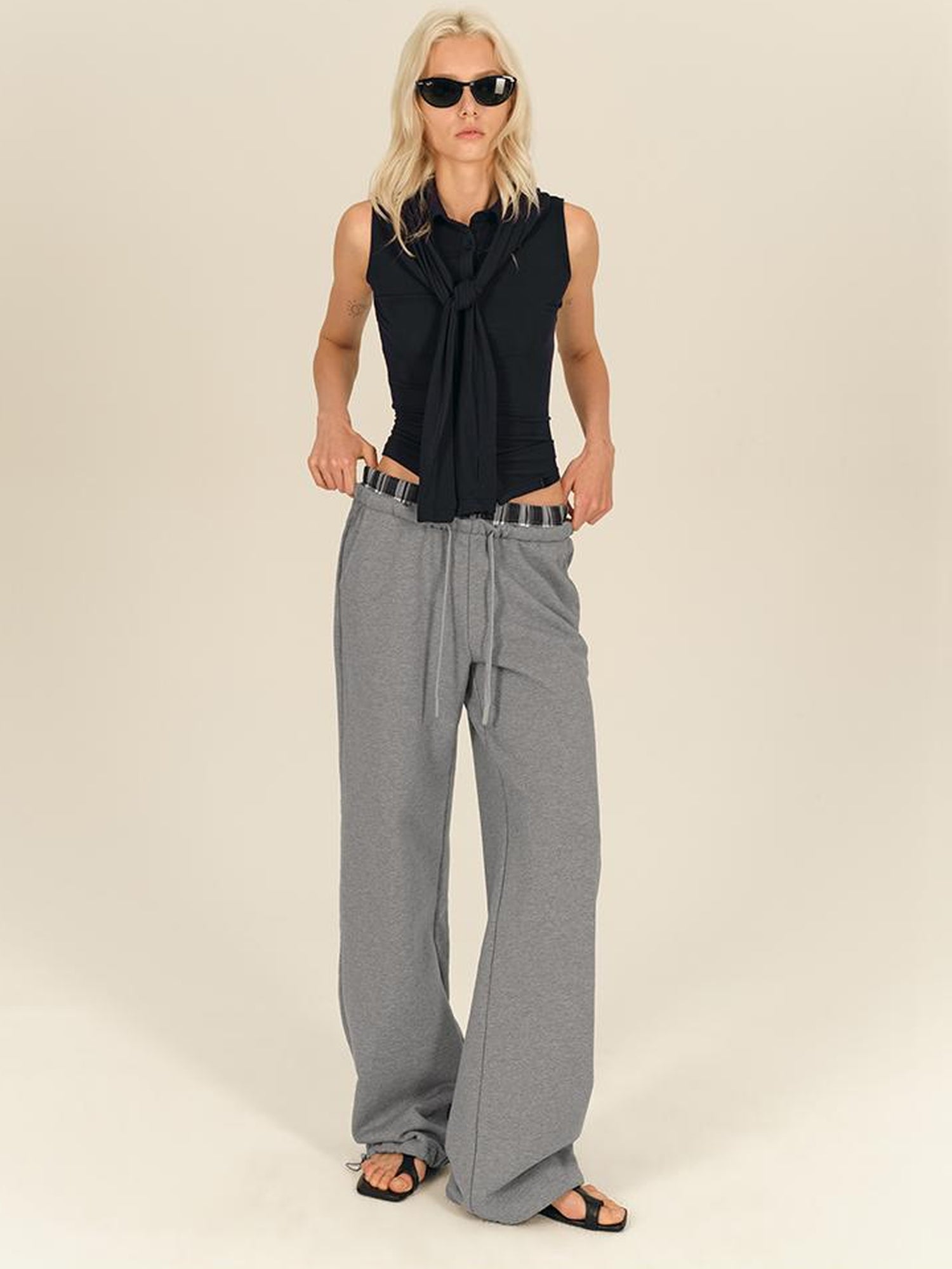 AFTADAWN Plaid Patchwork Dual Waistband Drawstring Cotton Cargo Pants