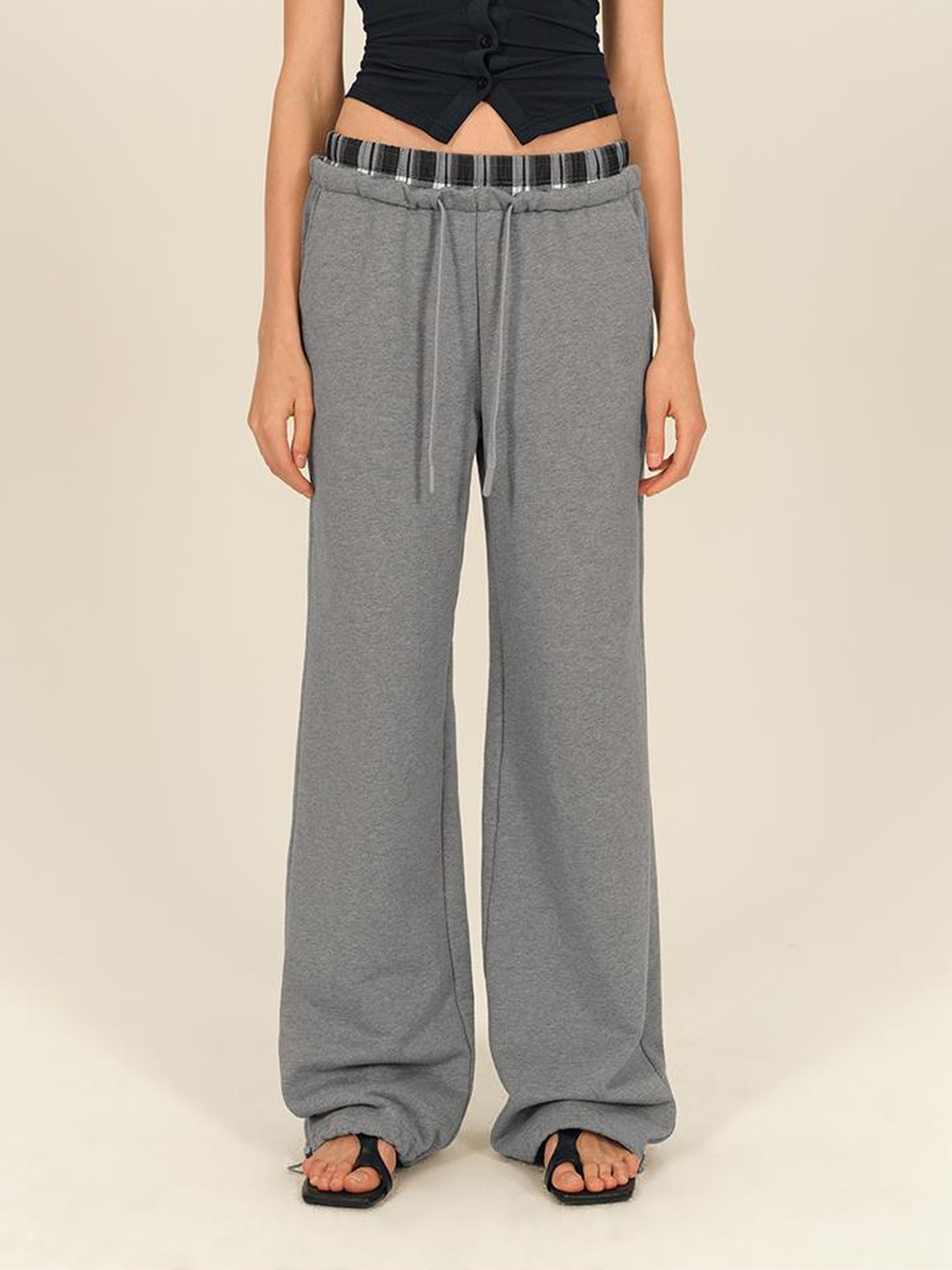 AFTADAWN Plaid Patchwork Dual Waistband Drawstring Cotton Cargo Pants