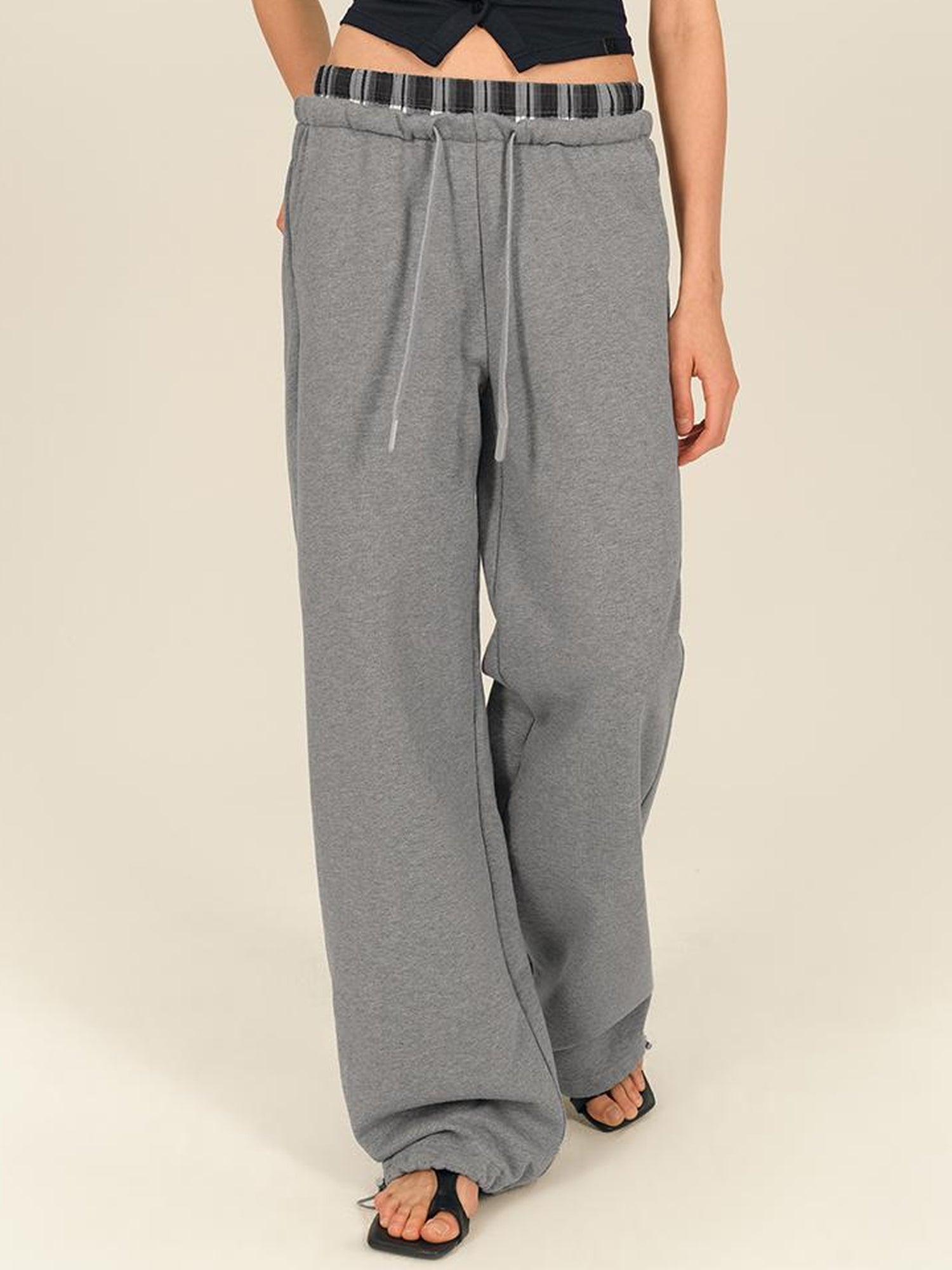 AFTADAWN Plaid Patchwork Dual Waistband Drawstring Cotton Cargo Pants