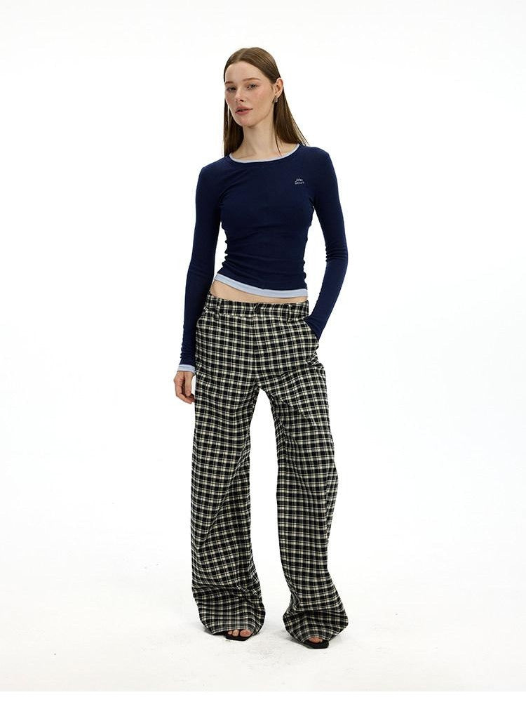 AFTADAWN Plaid Relaxed Mid Rise Natural Waist Pocketed Zip Fly Women&