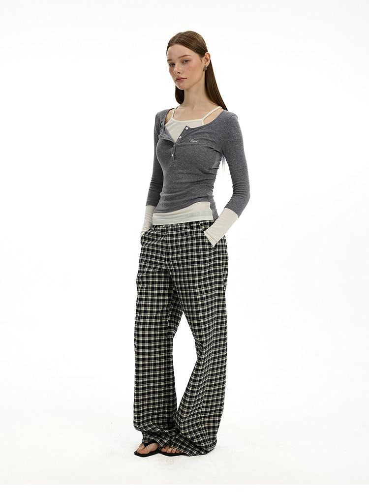 AFTADAWN Plaid Relaxed Mid Rise Natural Waist Pocketed Zip Fly Women&