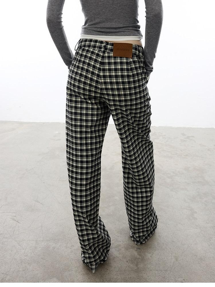 AFTADAWN Plaid Relaxed Mid Rise Natural Waist Pocketed Zip Fly Women&