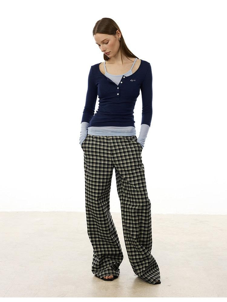 AFTADAWN Plaid Relaxed Mid Rise Natural Waist Pocketed Zip Fly Women&