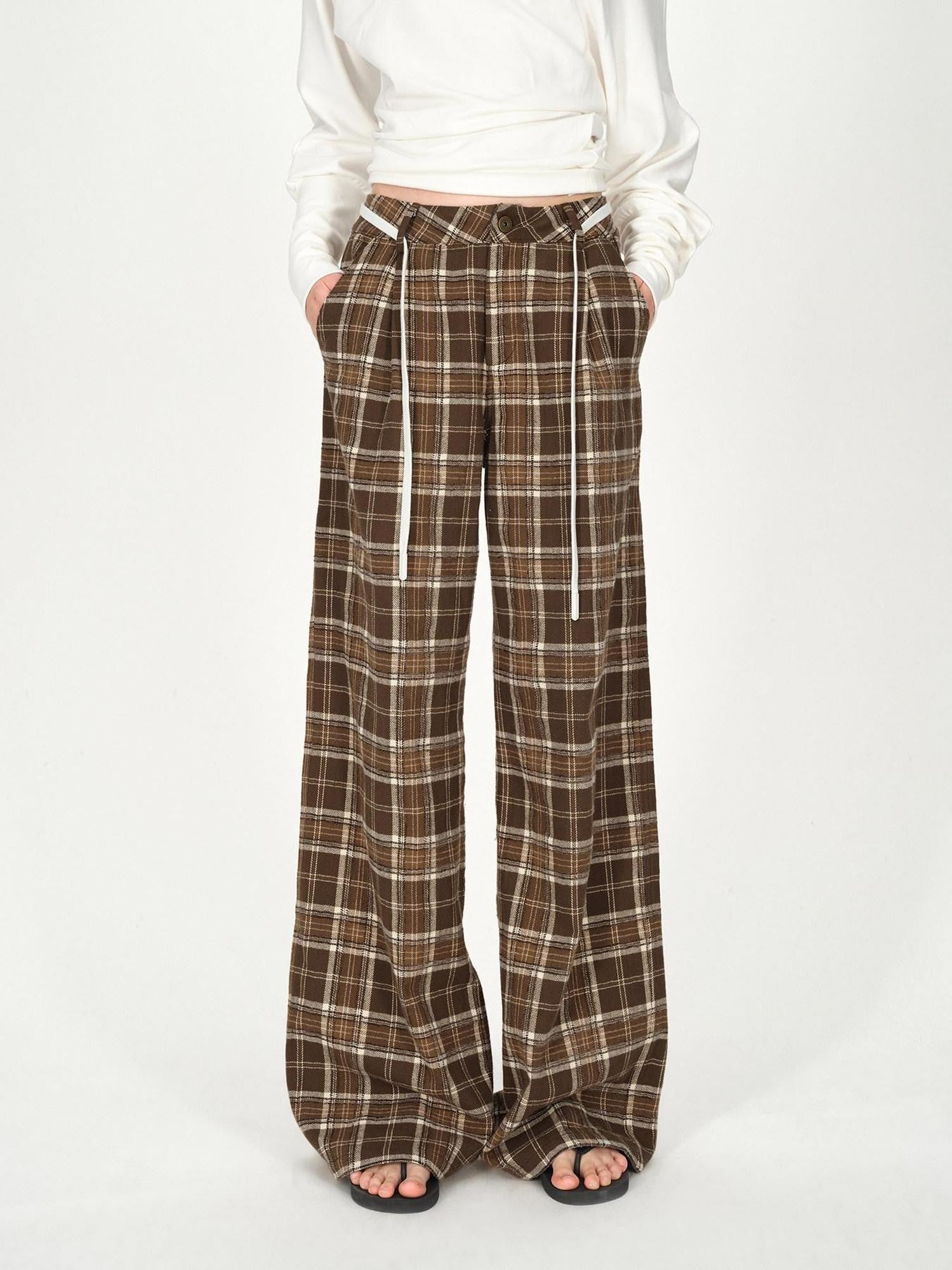 AFTADAWN Plaid Textured Pleated Low Waist Women&