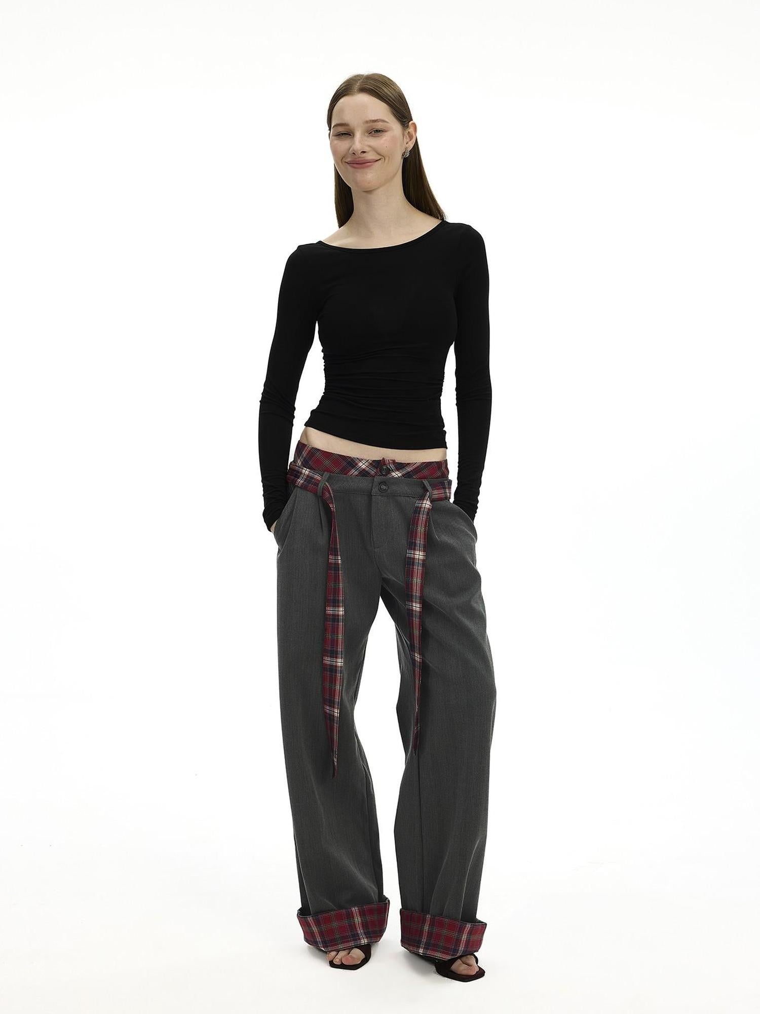 AFTADAWN Plaid Waistband Two Way Flare Trousers with Sash