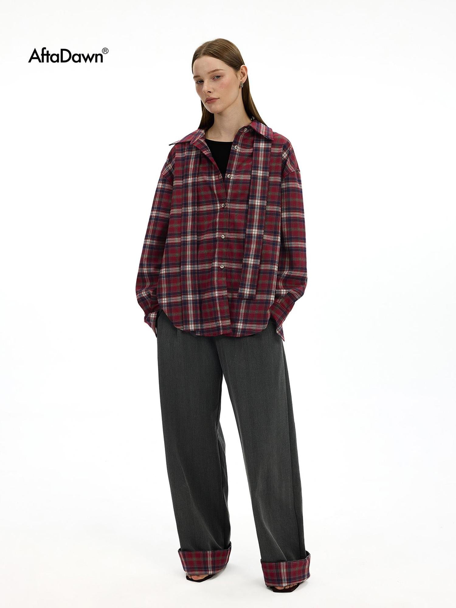 AFTADAWN Plaid Waistband Two Way Flare Trousers with Sash