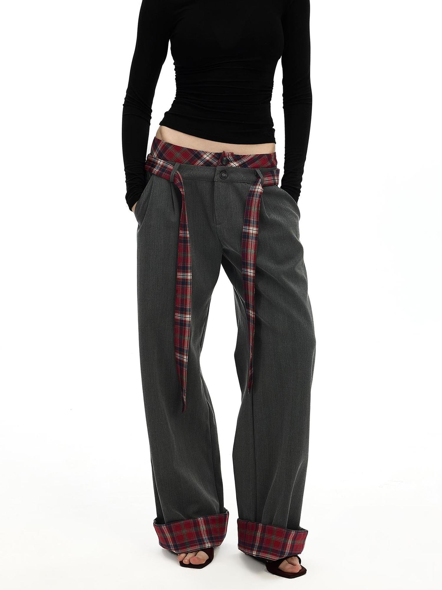 AFTADAWN Plaid Waistband Two Way Flare Trousers with Sash