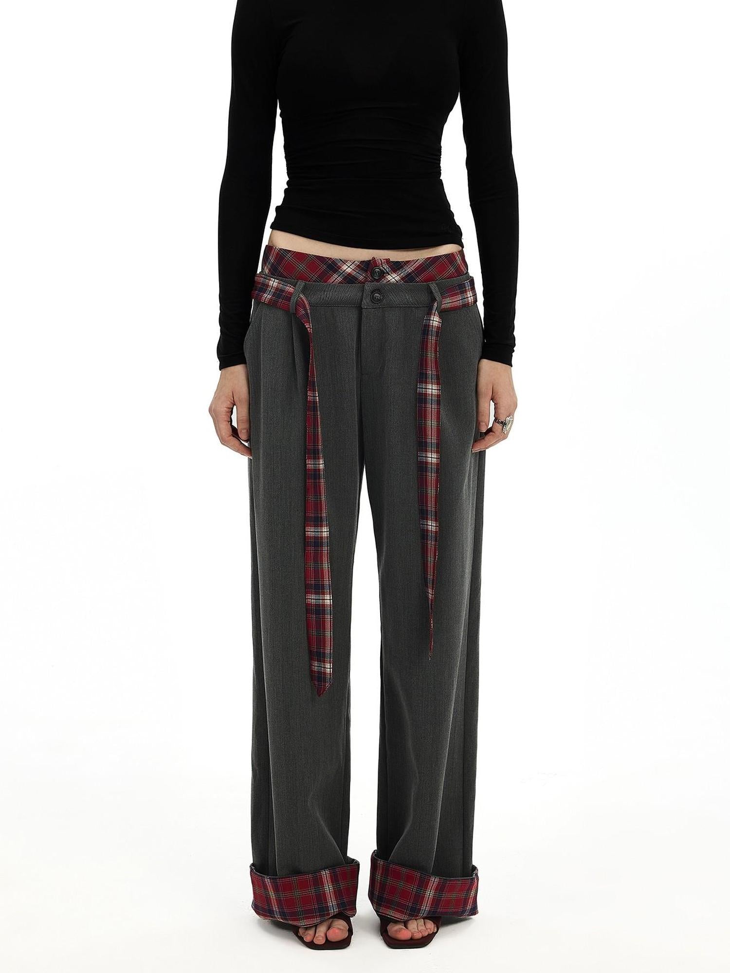 AFTADAWN Plaid Waistband Two Way Flare Trousers with Sash