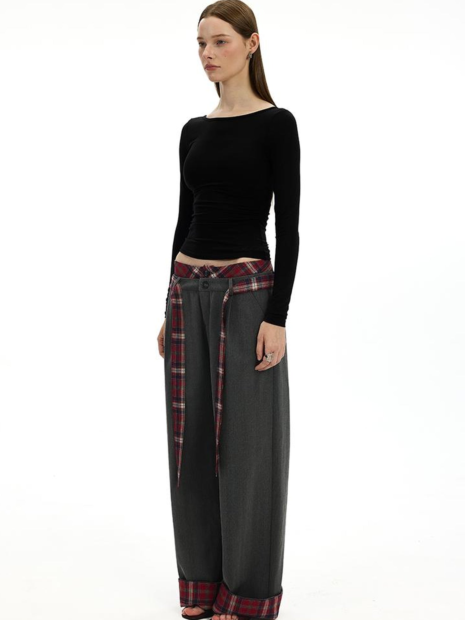 AFTADAWN Plaid Waistband Two Way Flare Trousers with Sash