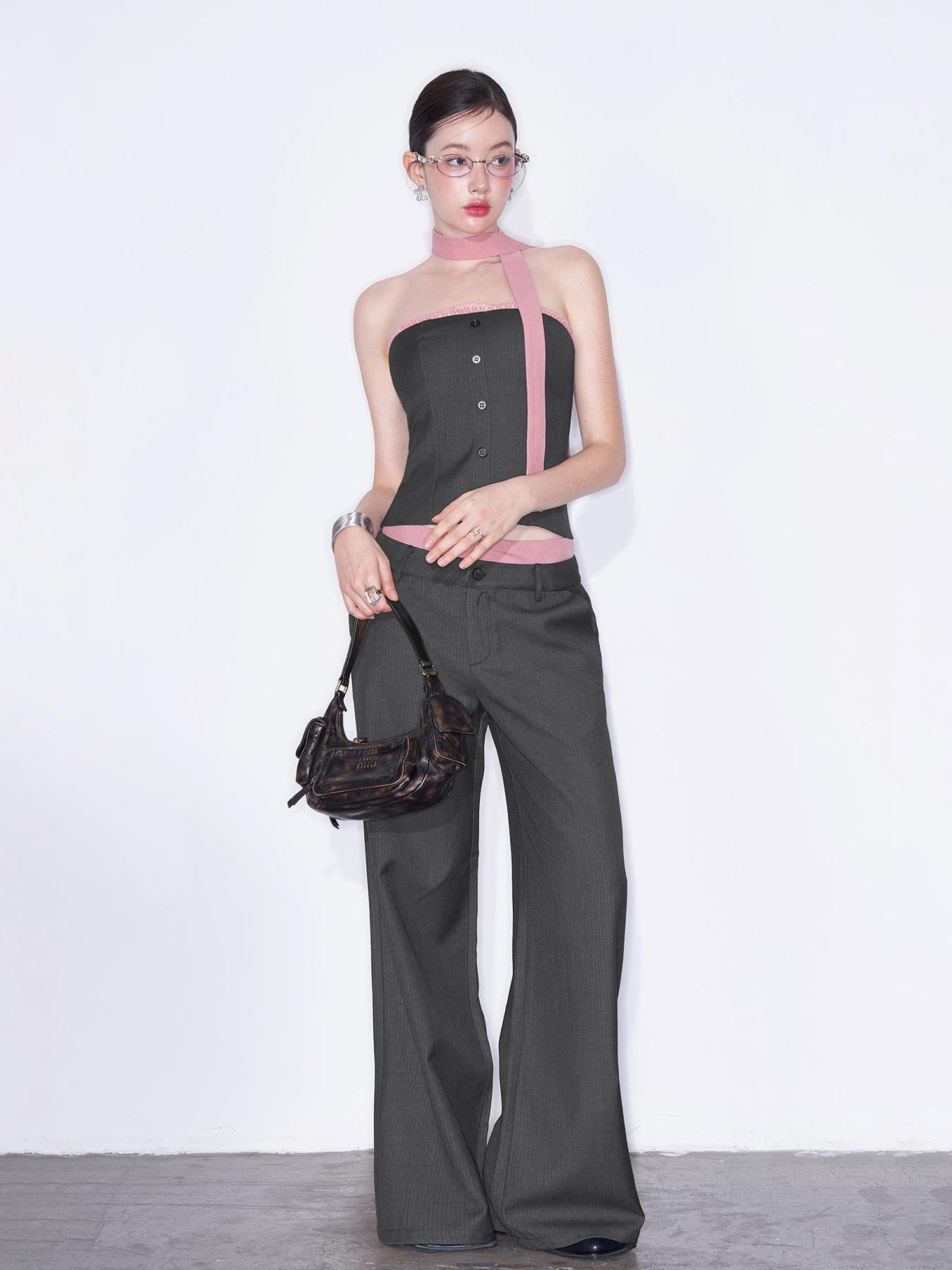 AFTADAWN Playful Office Spliced Halter Vest Wool Suit Set