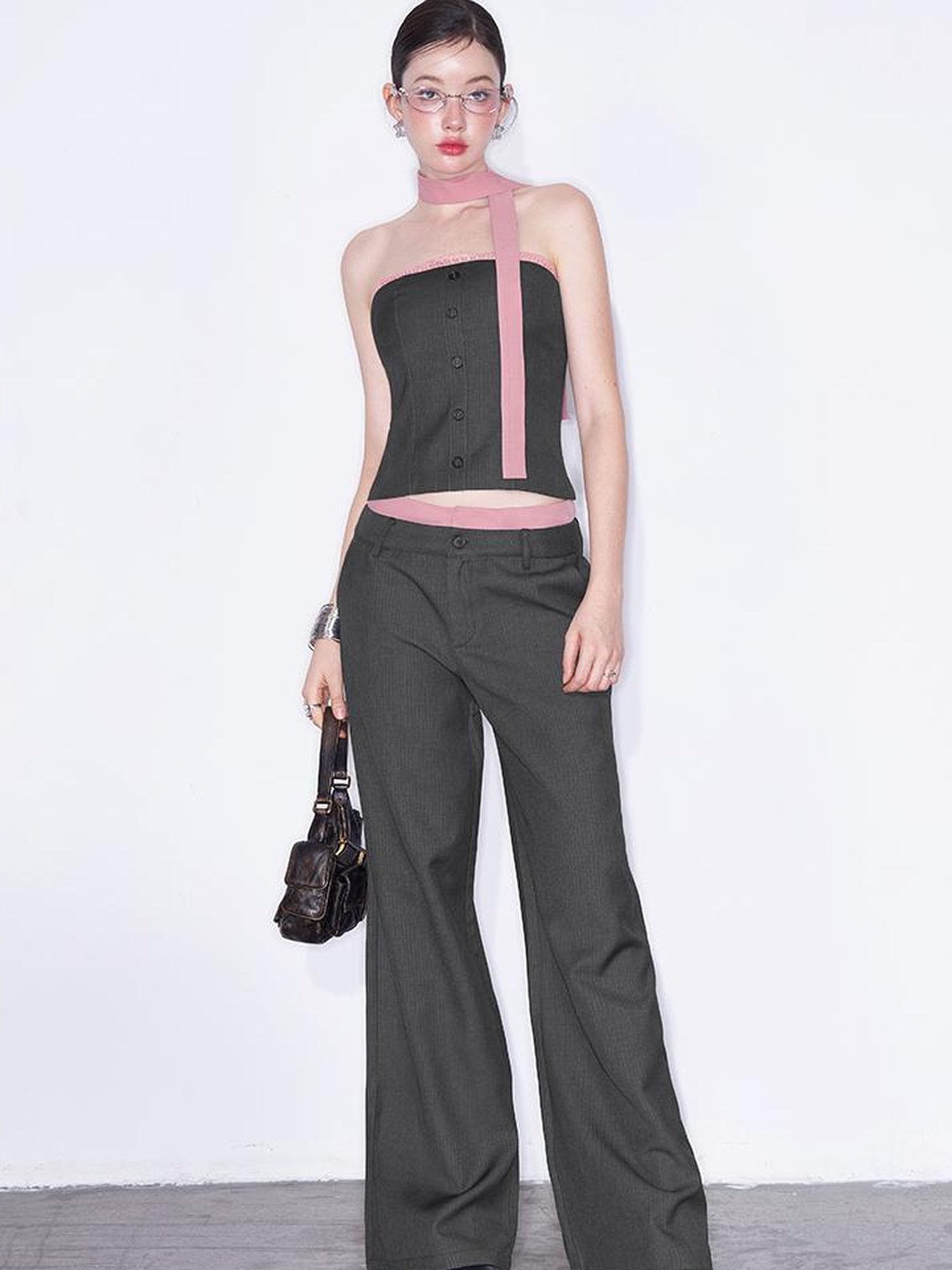 AFTADAWN Playful Office Spliced Halter Vest Wool Suit Set