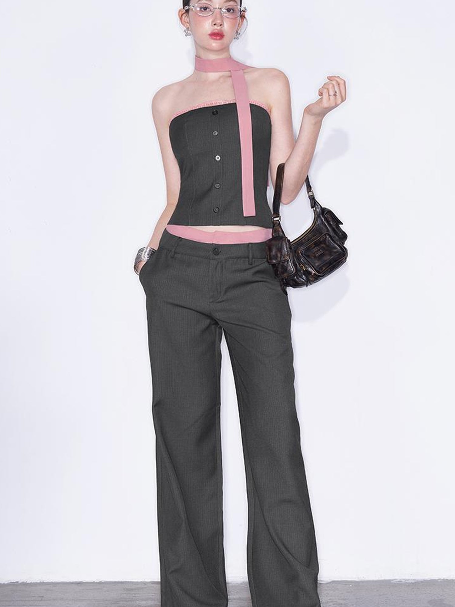 AFTADAWN Playful Office Spliced Halter Vest Wool Suit Set