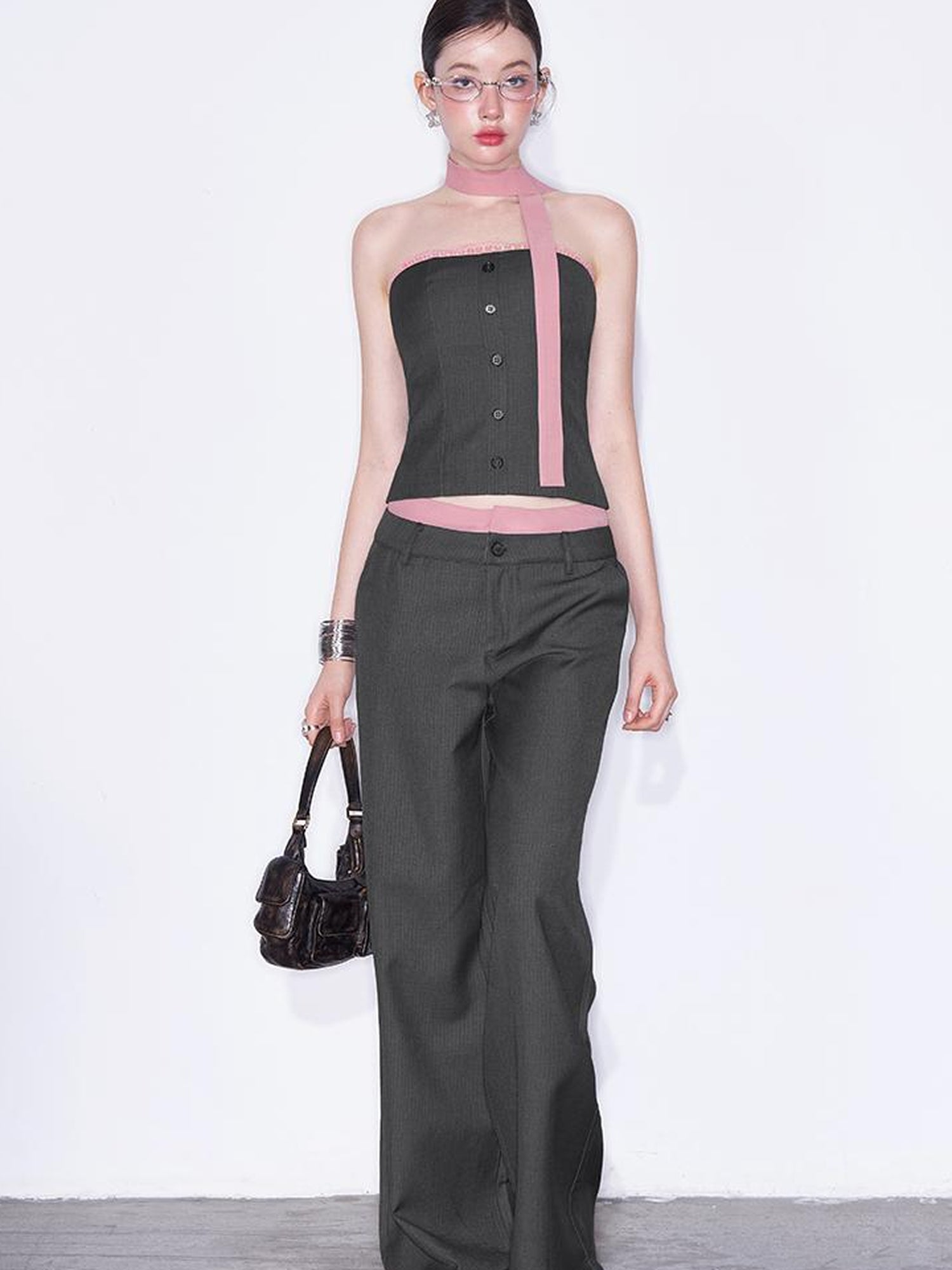 AFTADAWN Playful Office Spliced Halter Vest Wool Suit Set