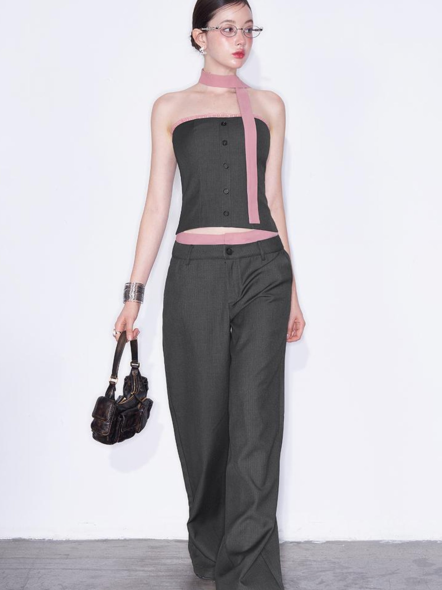 AFTADAWN Playful Office Spliced Halter Vest Wool Suit Set