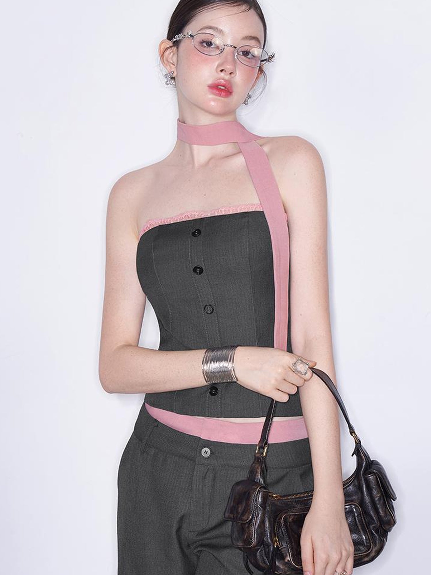 AFTADAWN Playful Office Spliced Halter Vest Wool Suit Set