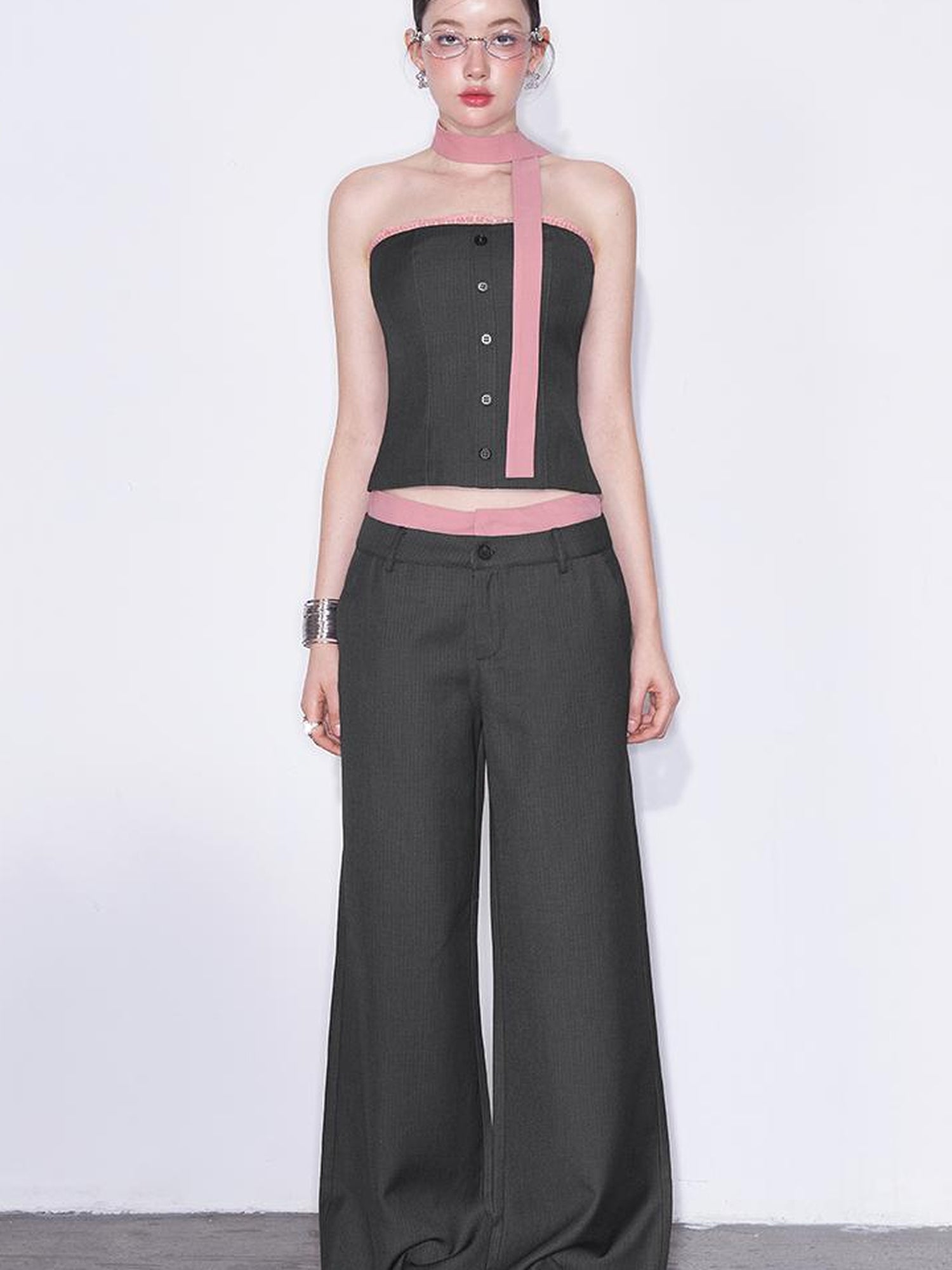 AFTADAWN Playful Office Spliced Halter Vest Wool Suit Set