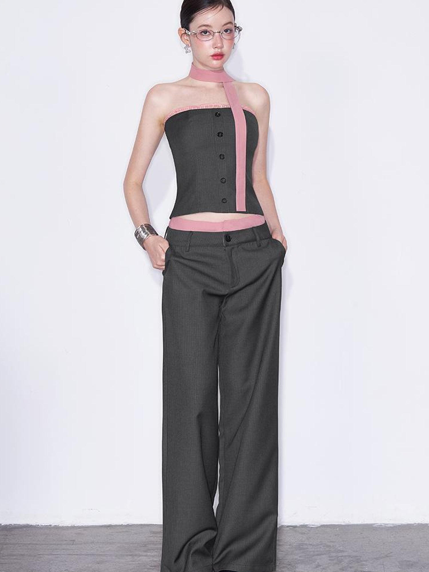 AFTADAWN Playful Office Spliced Halter Vest Wool Suit Set