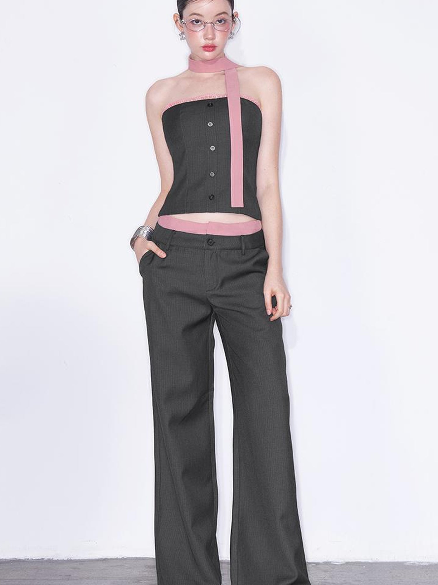 AFTADAWN Playful Office Spliced Halter Vest Wool Suit Set