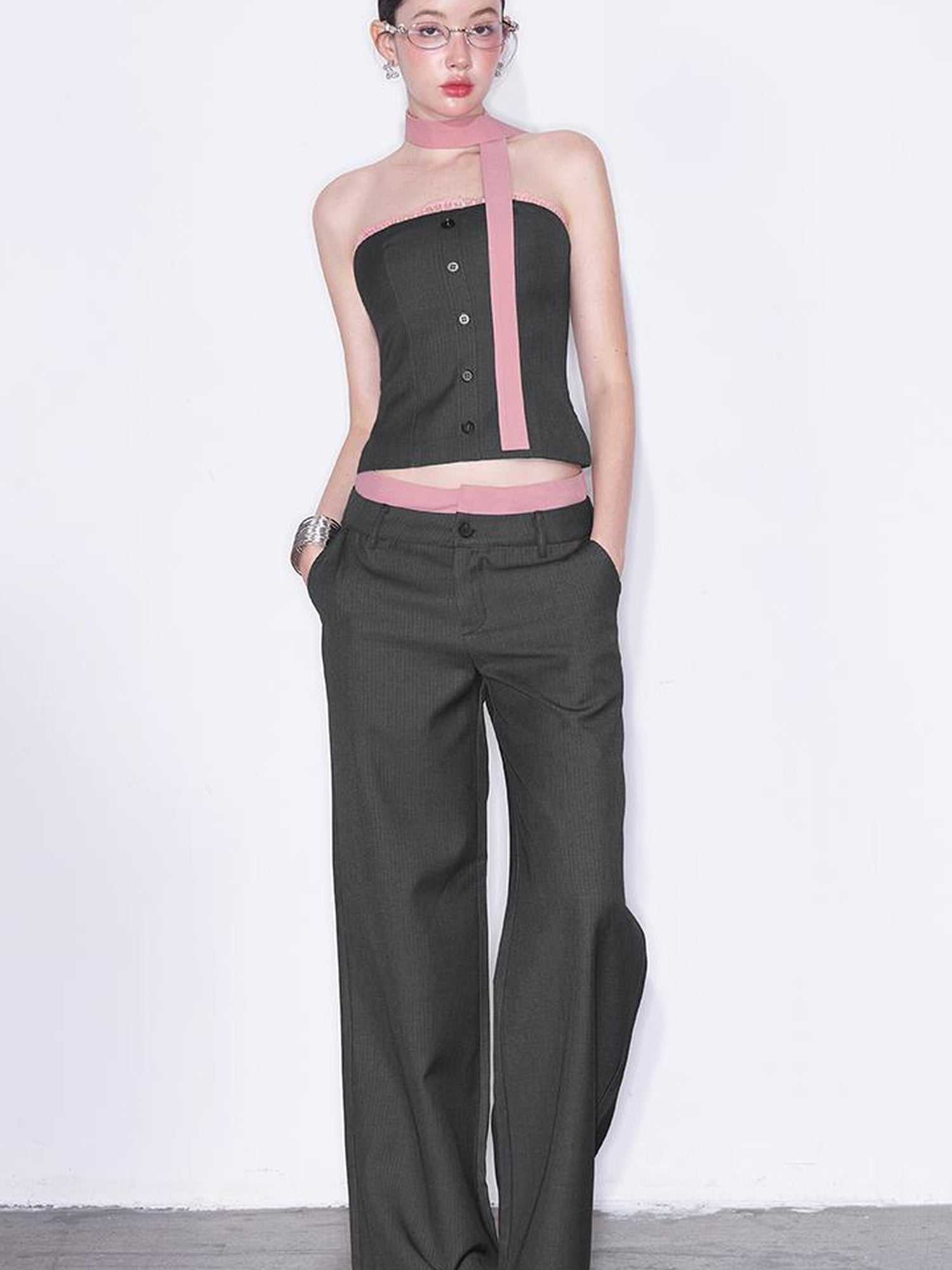 AFTADAWN Playful Office Spliced Halter Vest Wool Suit Set