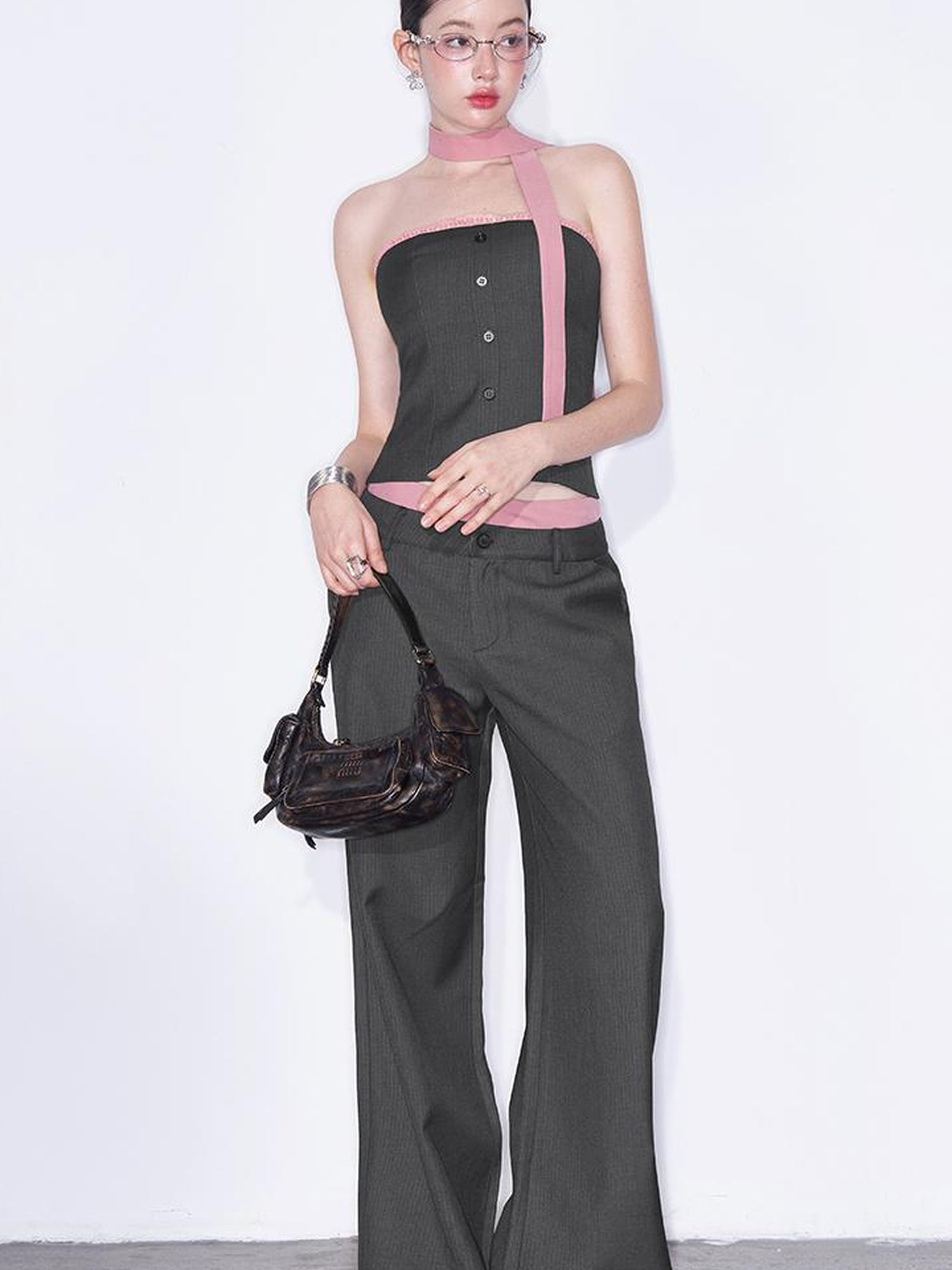 AFTADAWN Playful Office Spliced Halter Vest Wool Suit Set