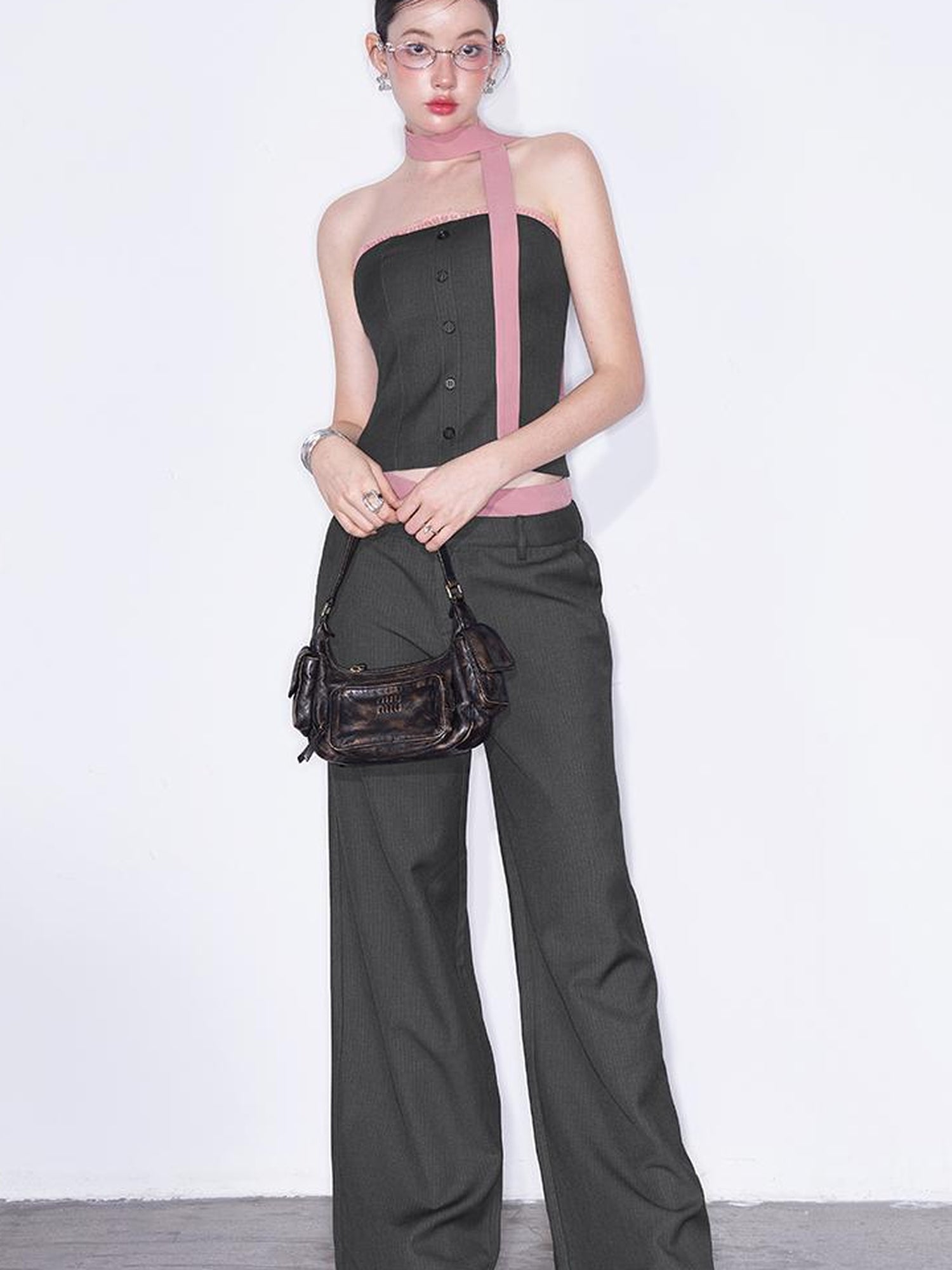 AFTADAWN Playful Office Spliced Halter Vest Wool Suit Set