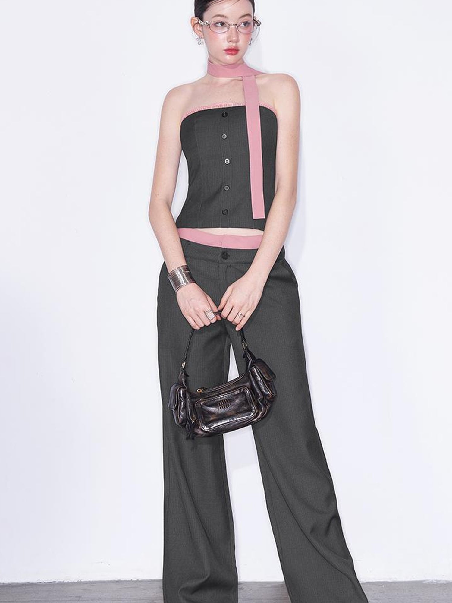 AFTADAWN Playful Office Spliced Halter Vest Wool Suit Set