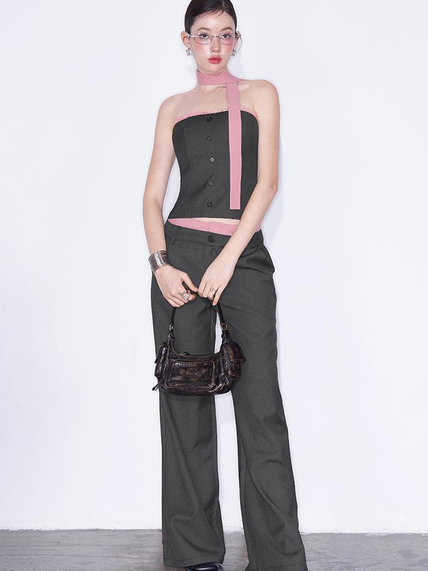 AFTADAWN Playful Office Spliced Halter Vest Wool Suit Set