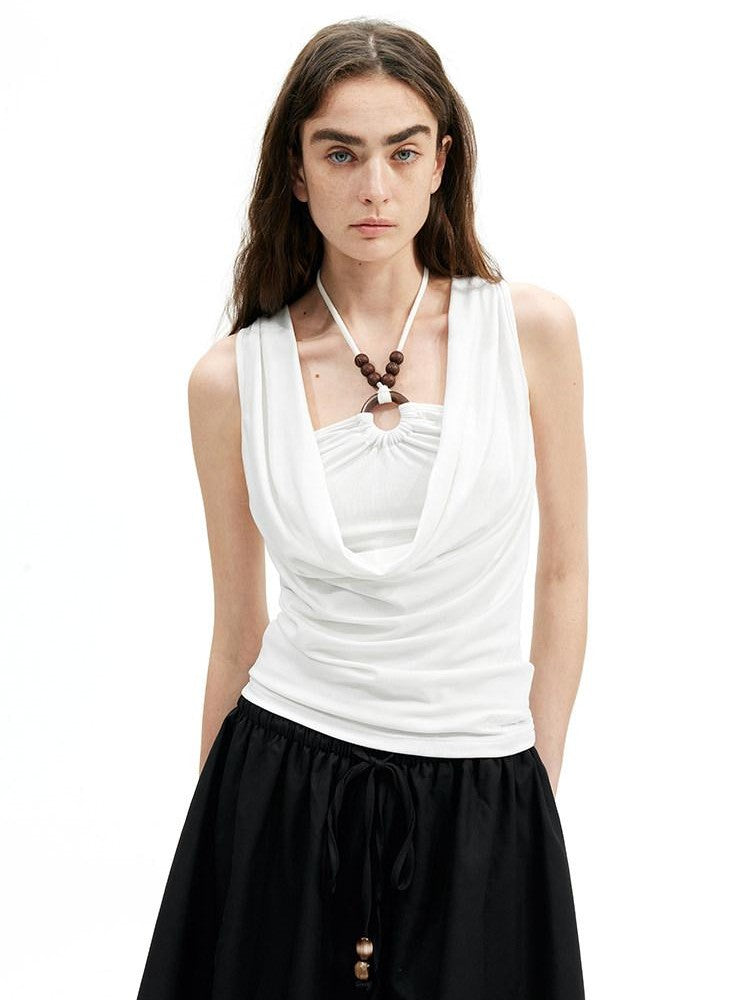 AFTADAWN Pleated Beaded Faux Layered Draped Neck Women&