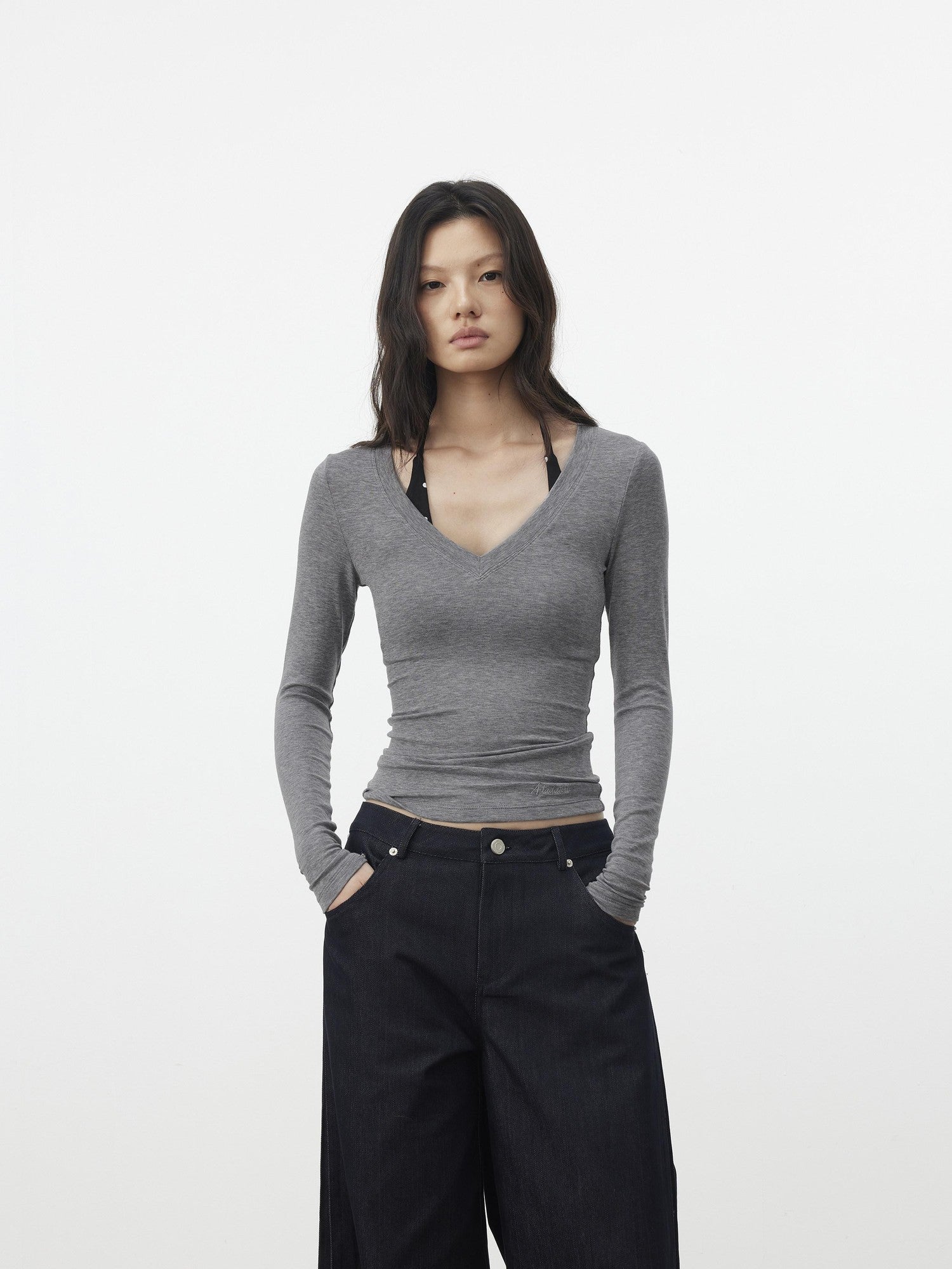 AFTADAWN Pleated V-neck Waist Cinch Women&