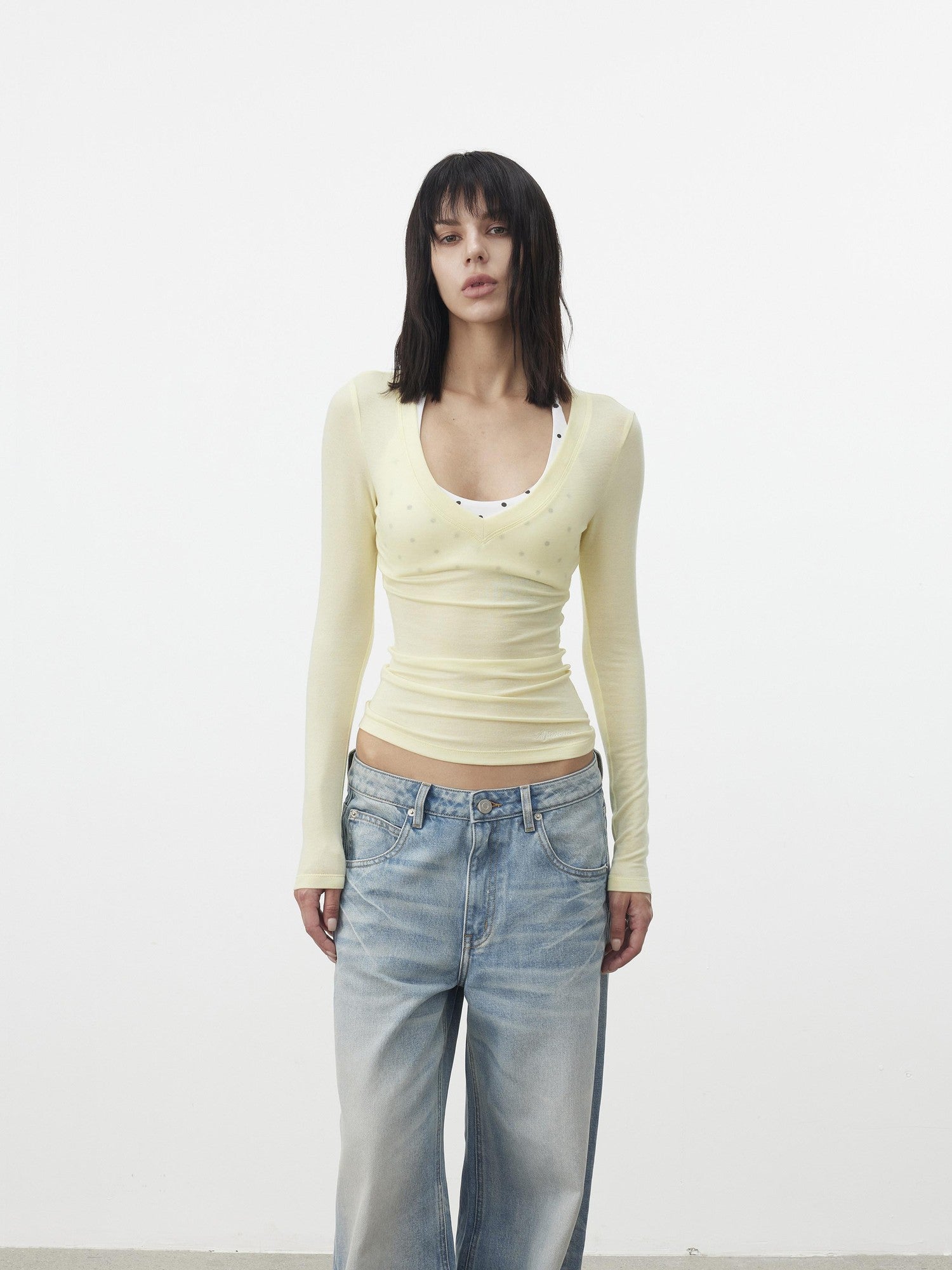 AFTADAWN Pleated V-neck Waist Cinch Women&