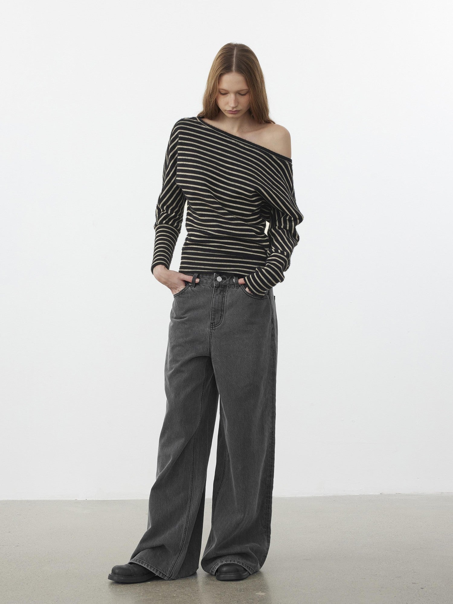 AFTADAWN Plush Striped Asymmetric Shoulder Women&