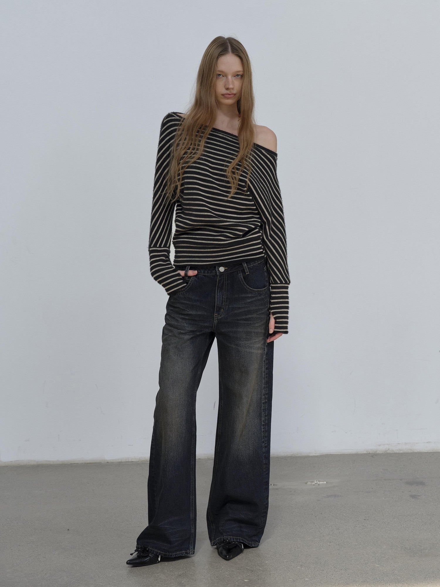 AFTADAWN Plush Striped Asymmetric Shoulder Women&