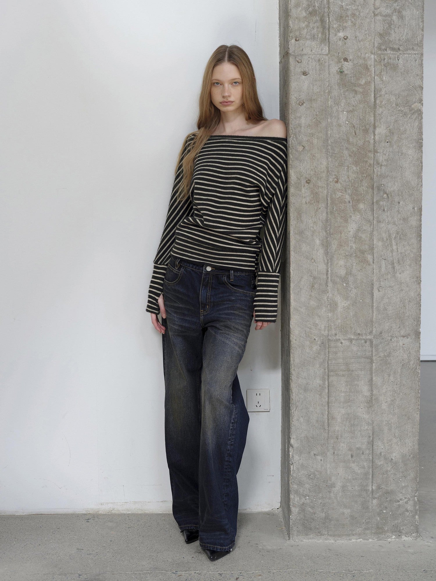 AFTADAWN Plush Striped Asymmetric Shoulder Women&