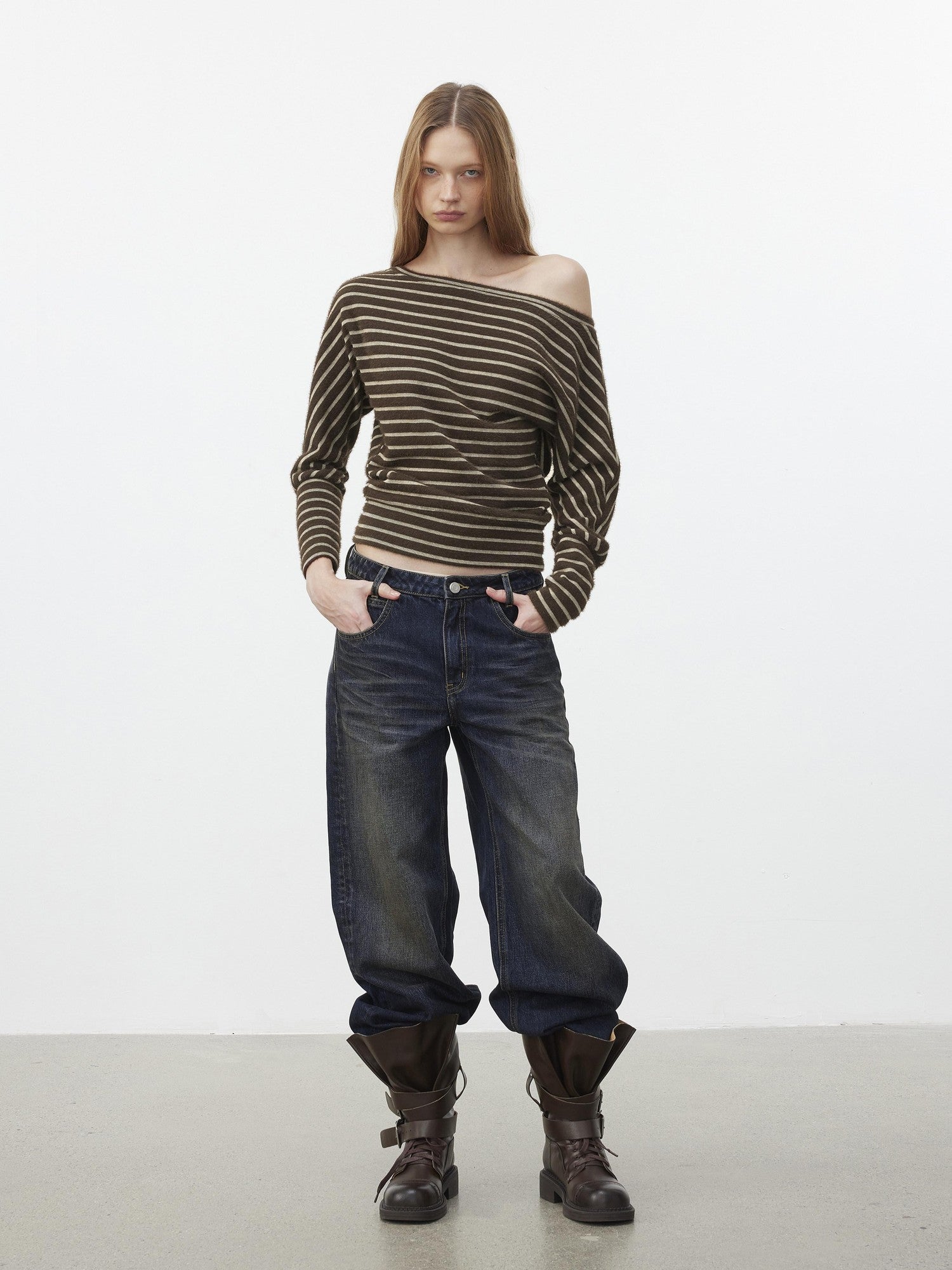 AFTADAWN Plush Striped Asymmetric Shoulder Women&