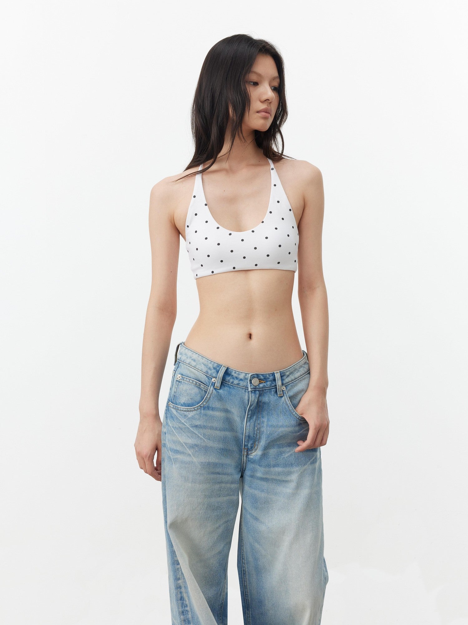AFTADAWN Polka Dot Contrast Halter U Neck Backless Removable Pad Women&