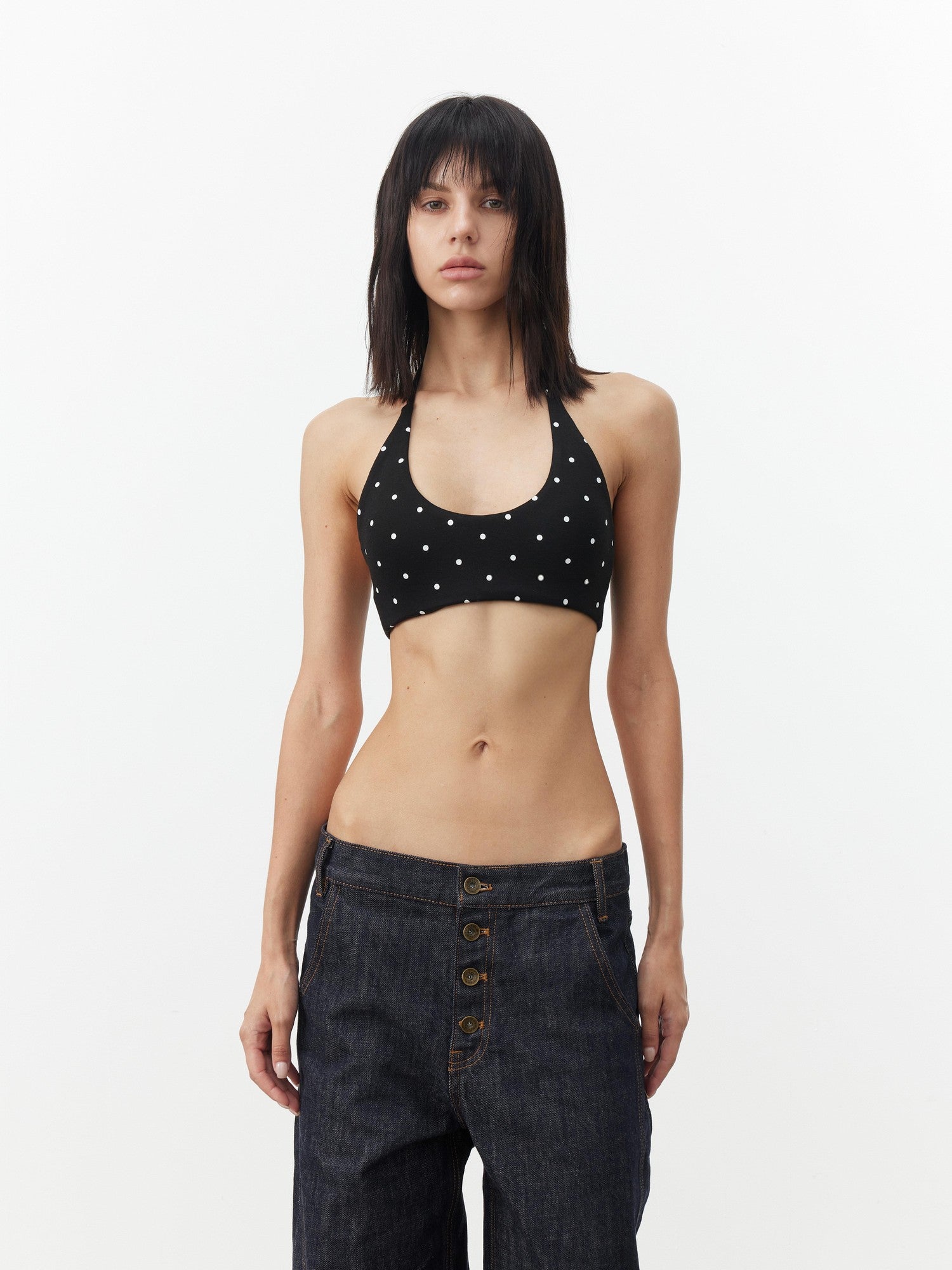AFTADAWN Polka Dot Contrast Halter U Neck Backless Removable Pad Women&