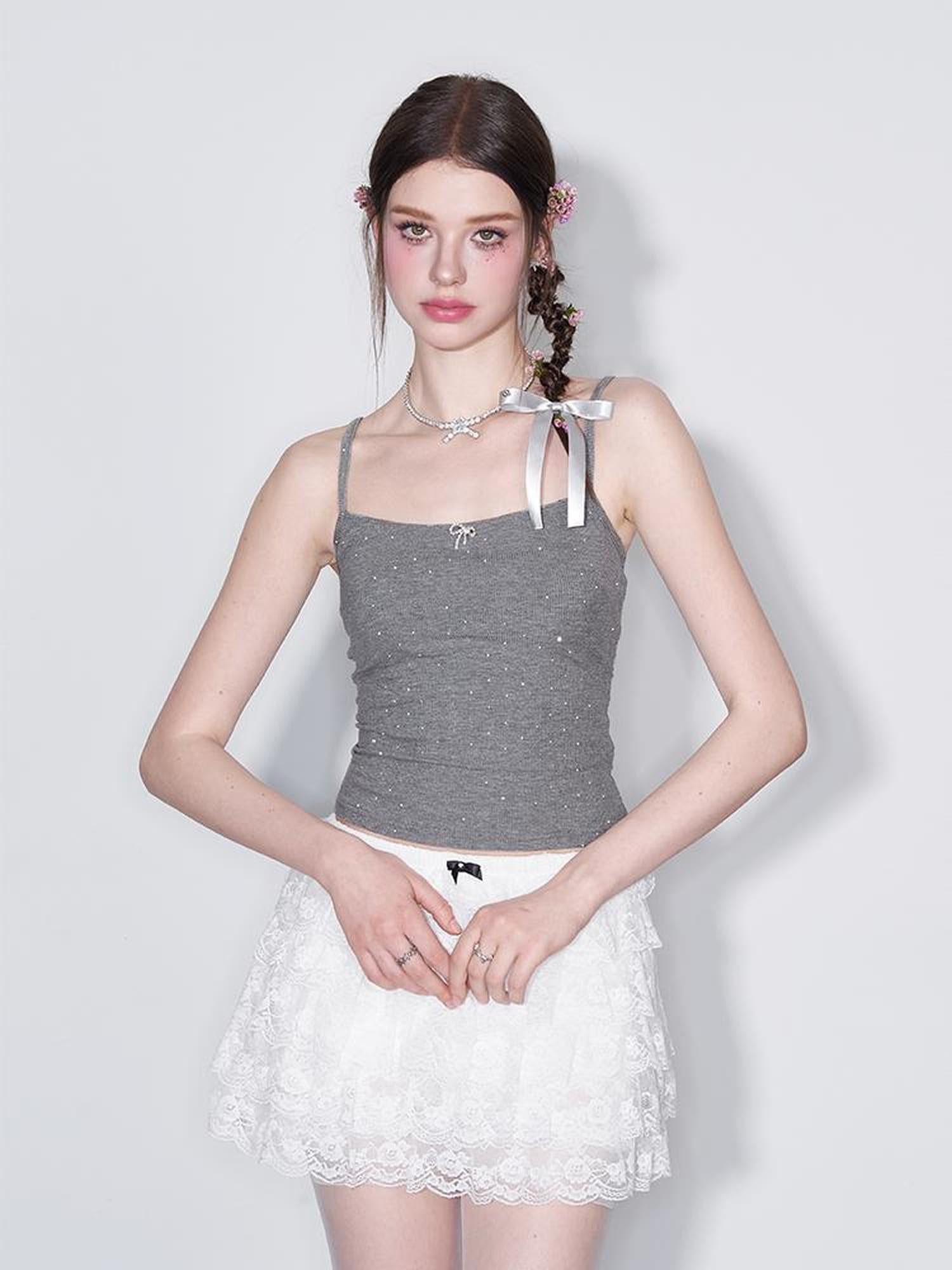 AFTADAWN Polka Dot Crystal Bow Detachable Knit Camisole