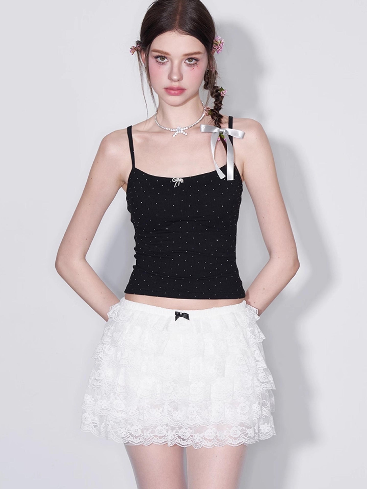 AFTADAWN Polka Dot Crystal Bow Detachable Knit Camisole