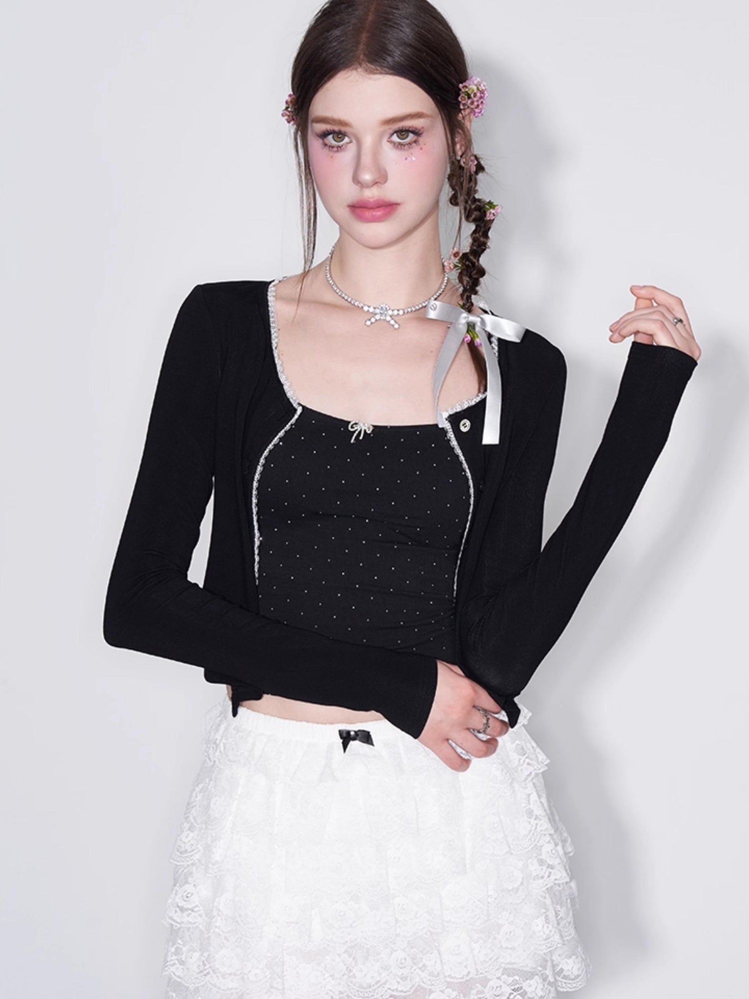 AFTADAWN Polka Dot Crystal Bow Detachable Knit Camisole