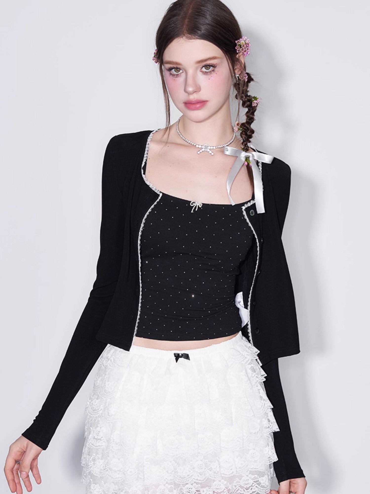 AFTADAWN Polka Dot Crystal Bow Detachable Knit Camisole