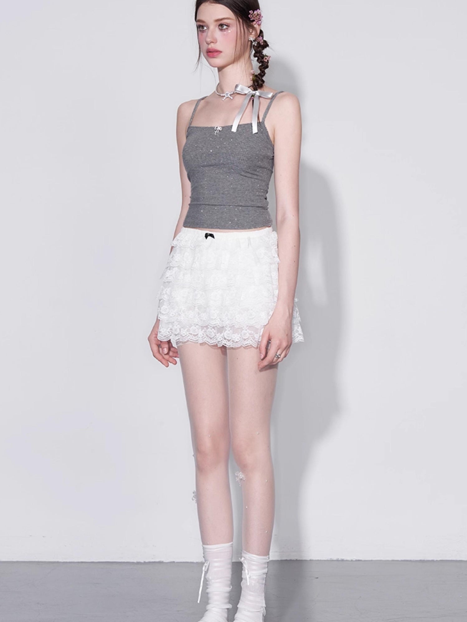 AFTADAWN Polka Dot Crystal Bow Detachable Knit Camisole