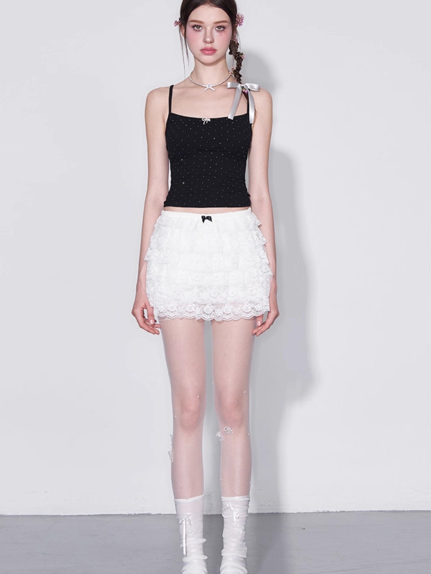 AFTADAWN Polka Dot Crystal Bow Detachable Knit Camisole