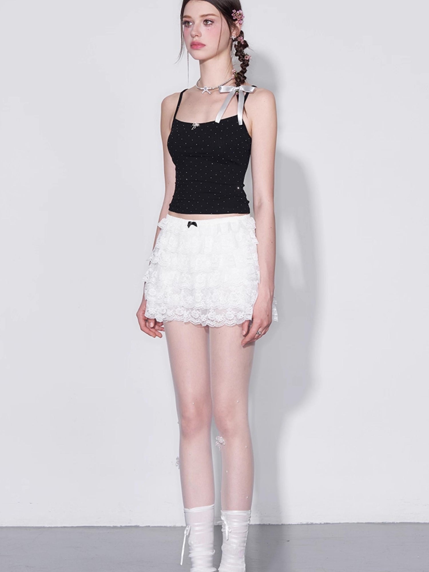 AFTADAWN Polka Dot Crystal Bow Detachable Knit Camisole