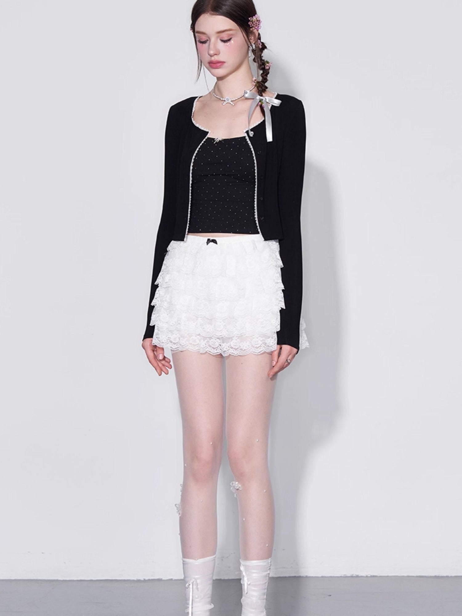 AFTADAWN Polka Dot Crystal Bow Detachable Knit Camisole