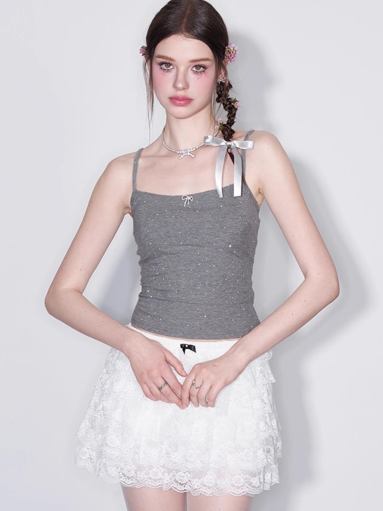 AFTADAWN Polka Dot Crystal Bow Detachable Knit Camisole