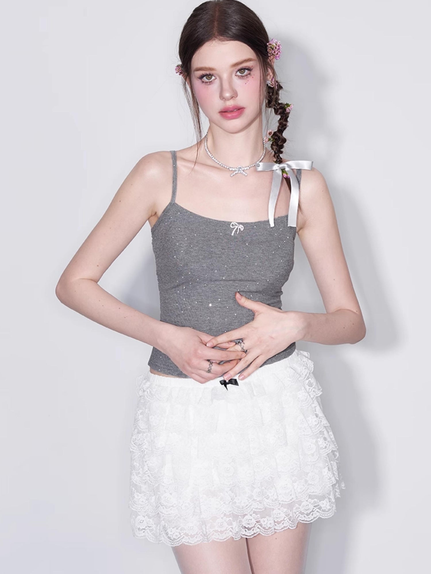 AFTADAWN Polka Dot Crystal Bow Detachable Knit Camisole