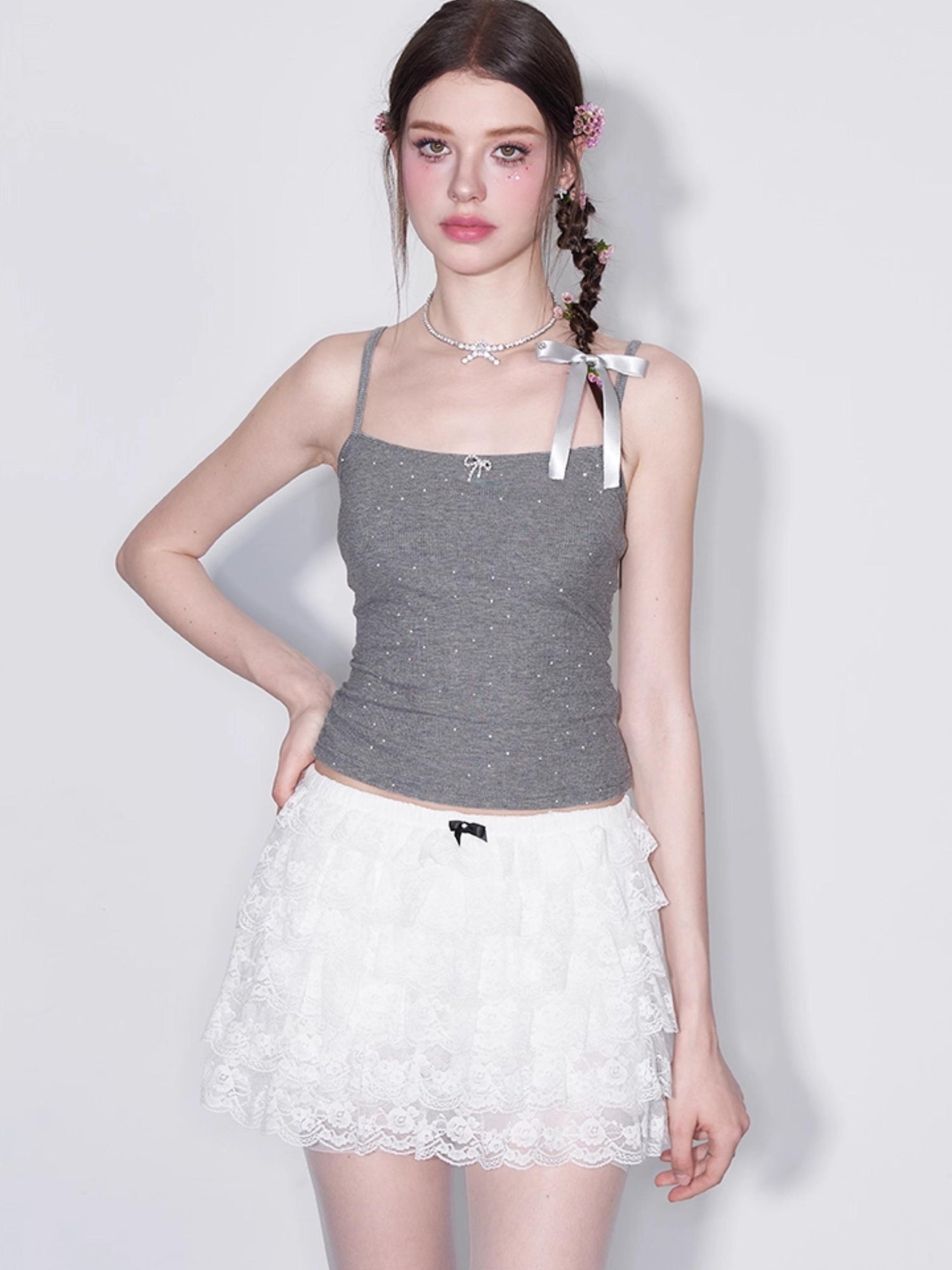 AFTADAWN Polka Dot Crystal Bow Detachable Knit Camisole